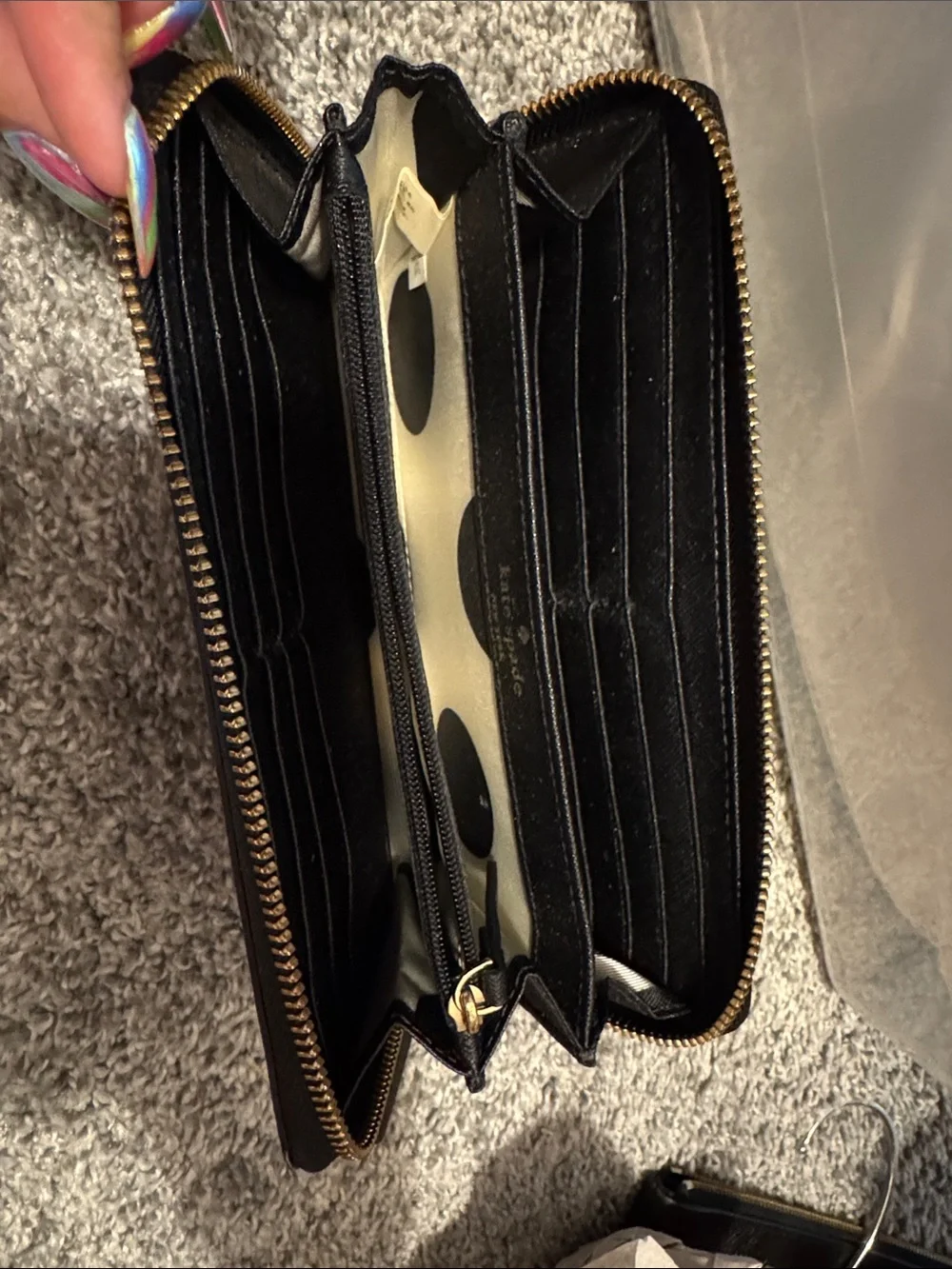 kate spade Black Leather Zip Wallet with Gold Logo